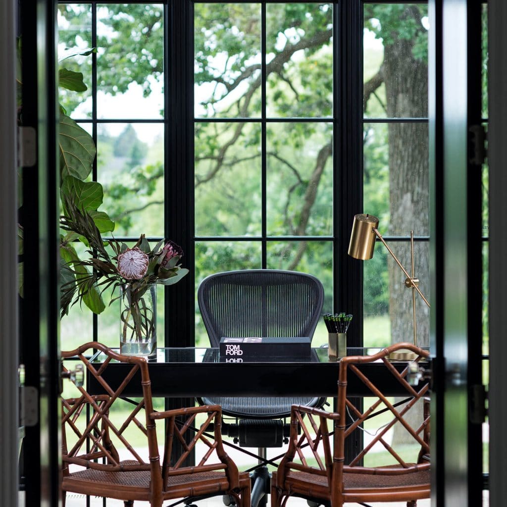 A home office with small glass window panes.
