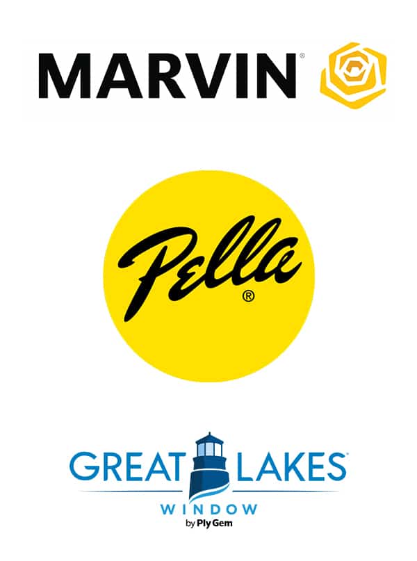 The logos for the door brands Marvin, Pella, and Great Lakes Windows.